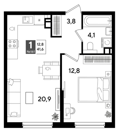 
  Продается 1-комн. квартира 41.6 м², в ЖК ДОГМА ПАРК, литера 16. Фото 1.