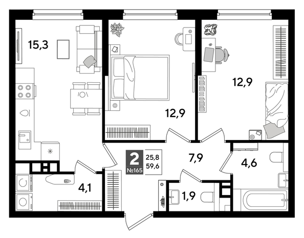 
  Продается 2-комн. квартира 59.6 м², в ЖК ДОГМА ПАРК, литера 16. Фото 1.