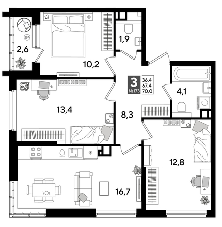 
  Продается 3-комн. квартира 70 м², в ЖК ДОГМА ПАРК, литера 16. Фото 1.