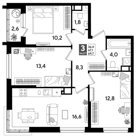 
  Продается 3-комн. квартира 69.7 м², в ЖК ДОГМА ПАРК, литера 16. Фото 1.