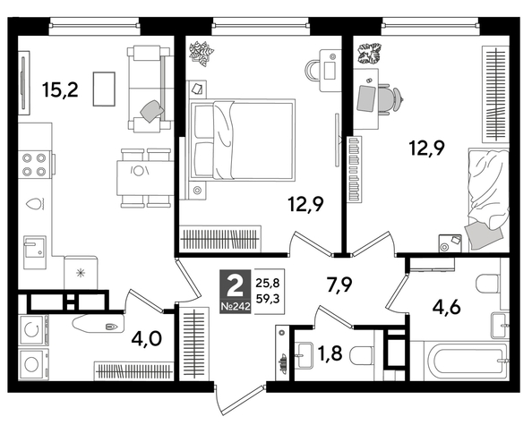 
  Продается 2-комн. квартира 59.3 м², в ЖК ДОГМА ПАРК, литера 16. Фото 1.