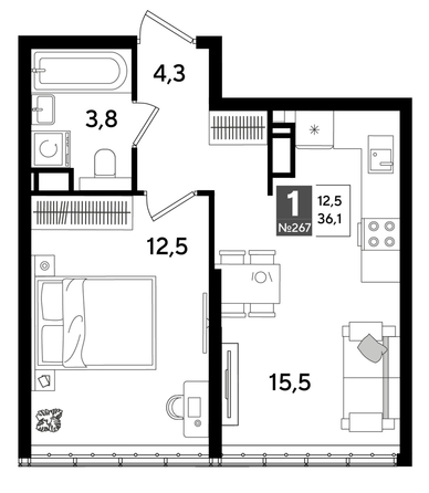 
  Продается 1-комн. квартира 36.1 м², в ЖК ДОГМА ПАРК, литера 16. Фото 1.