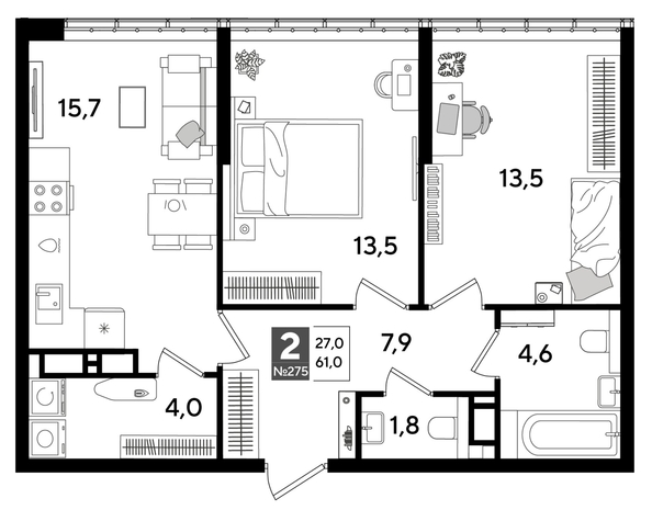 
  Продается 2-комн. квартира 61 м², в ЖК ДОГМА ПАРК, литера 16. Фото 1.