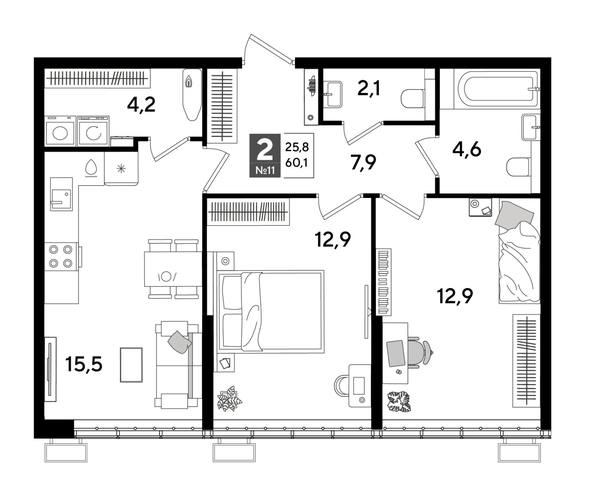 
  Продается 2-комн. квартира 60.1 м², в ЖК ДОГМА ПАРК, лит 17. Фото 1.