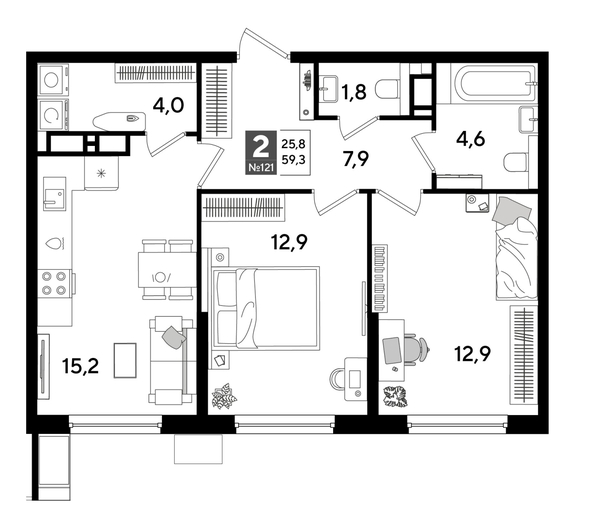 
  Продается 2-комн. квартира 59.3 м², в ЖК ДОГМА ПАРК, лит 17. Фото 1.