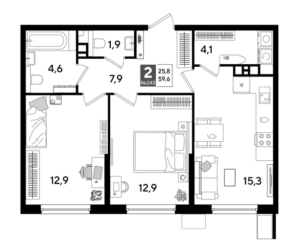 
  Продается 2-комн. квартира 59.6 м², в ЖК ДОГМА ПАРК, лит 17. Фото 1.