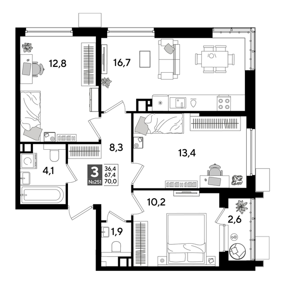 
  Продается 3-комн. квартира 70 м², в ЖК ДОГМА ПАРК, лит 17. Фото 1.