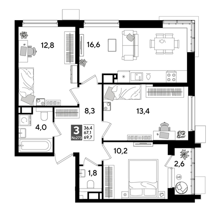
  Продается 3-комн. квартира 69.7 м², в ЖК ДОГМА ПАРК, лит 17. Фото 1.