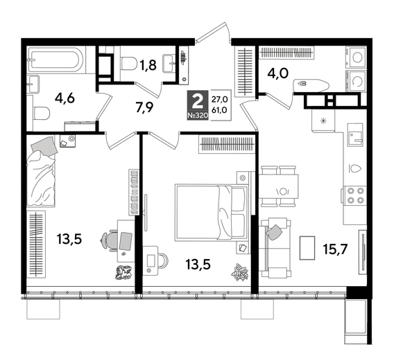 
  Продается 2-комн. квартира 61 м², в ЖК ДОГМА ПАРК, лит 17. Фото 1.