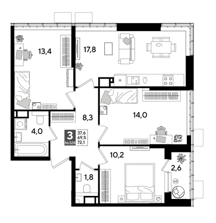 
  Продается 3-комн. квартира 72.1 м², в ЖК ДОГМА ПАРК, лит 17. Фото 1.