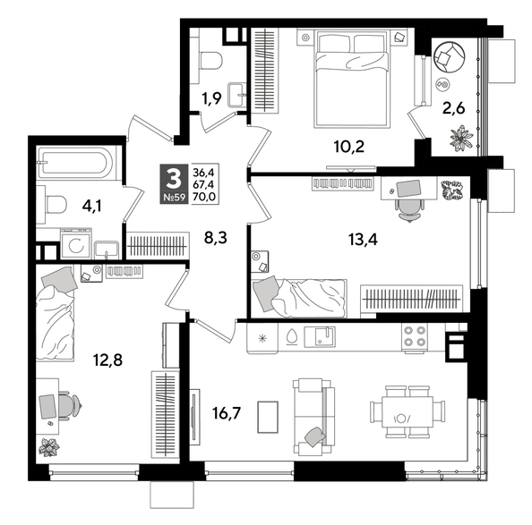 
  Продается 3-комн. квартира 70 м², в ЖК ДОГМА ПАРК, литера 19. Фото 1.
