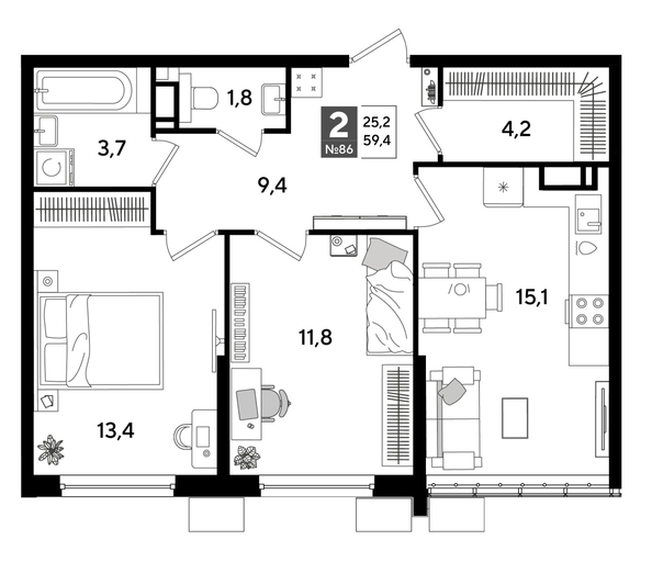
  Продается 2-комн. квартира 59.4 м², в ЖК ДОГМА ПАРК, литера 19. Фото 1.