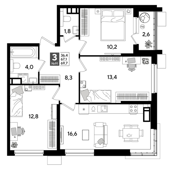 
  Продается 3-комн. квартира 69.7 м², в ЖК ДОГМА ПАРК, литера 19. Фото 1.