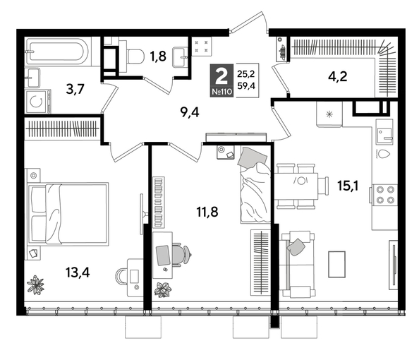 
  Продается 2-комн. квартира 59.4 м², в ЖК ДОГМА ПАРК, литера 19. Фото 1.