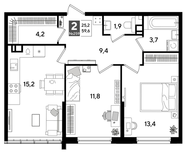 
  Продается 2-комн. квартира 59.6 м², в ЖК ДОГМА ПАРК, литера 19. Фото 1.