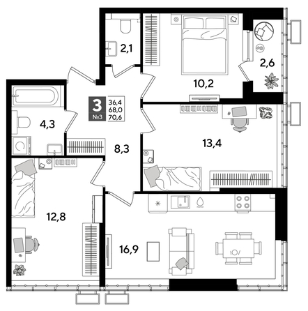 
  Продается 3-комн. квартира 70.6 м², в ЖК ДОГМА ПАРК, лит 20. Фото 1.