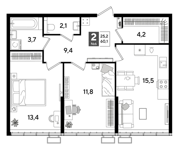
  Продается 2-комн. квартира 60.1 м², в ЖК ДОГМА ПАРК, лит 20. Фото 1.