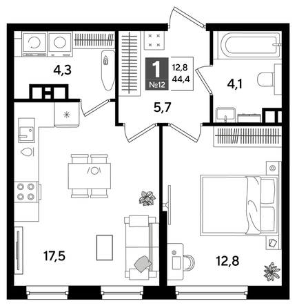
  Продается 1-комн. квартира 44.4 м², в ЖК ДОГМА ПАРК, лит 20. Фото 1.