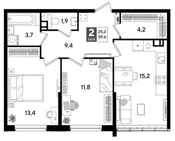 
  Продается 2-комн. квартира 59.6 м², в ЖК ДОГМА ПАРК, лит 20. Фото 1.