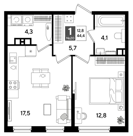 
  Продается 1-комн. квартира 44.4 м², в ЖК ДОГМА ПАРК, лит 20. Фото 1.
