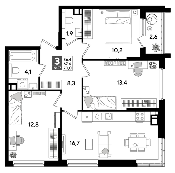 
  Продается 3-комн. квартира 70 м², в ЖК ДОГМА ПАРК, лит 20. Фото 1.