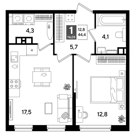 
  Продается 1-комн. квартира 44.4 м², в ЖК ДОГМА ПАРК, лит 20. Фото 1.