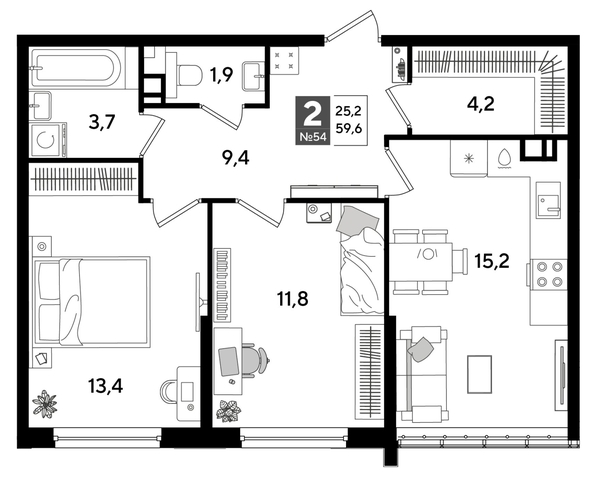 
  Продается 2-комн. квартира 59.6 м², в ЖК ДОГМА ПАРК, лит 20. Фото 1.