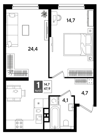
  Продается 1-комн. квартира 47.9 м², в ЖК ДОГМА ПАРК, лит 20. Фото 1.
