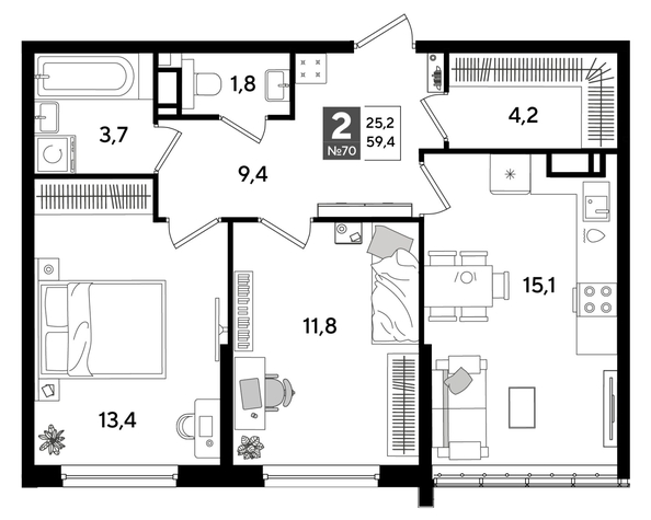 
  Продается 2-комн. квартира 59.4 м², в ЖК ДОГМА ПАРК, лит 20. Фото 1.