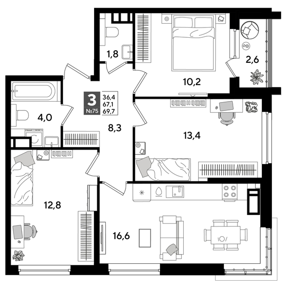 
  Продается 3-комн. квартира 69.7 м², в ЖК ДОГМА ПАРК, лит 20. Фото 1.