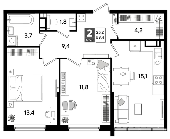 
  Продается 2-комн. квартира 59.4 м², в ЖК ДОГМА ПАРК, лит 20. Фото 1.