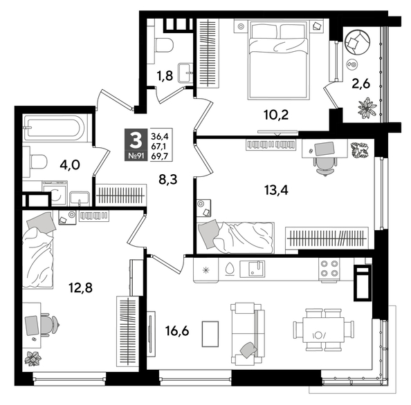 
  Продается 3-комн. квартира 69.7 м², в ЖК ДОГМА ПАРК, лит 20. Фото 1.