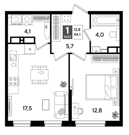 
  Продается 1-комн. квартира 44.1 м², в ЖК ДОГМА ПАРК, лит 20. Фото 1.