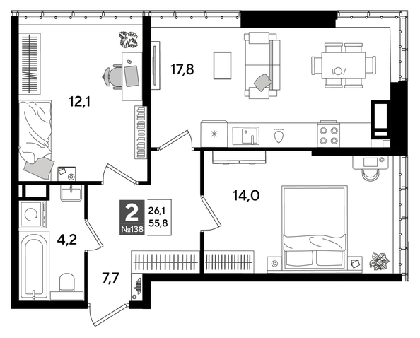 
  Продается 2-комн. квартира 55.8 м², в ЖК ДОГМА ПАРК, лит 20. Фото 1.