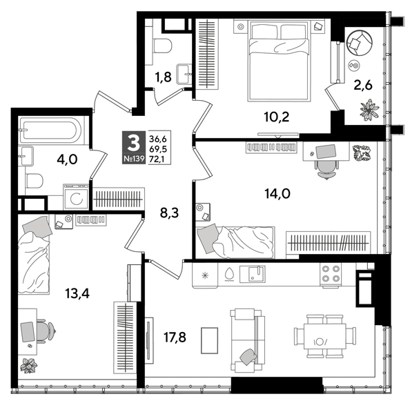 
  Продается 3-комн. квартира 72.1 м², в ЖК ДОГМА ПАРК, лит 20. Фото 1.