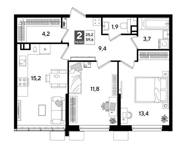 
  Продается 2-комн. квартира 59.6 м², в ЖК ДОГМА ПАРК, лит 20. Фото 1.