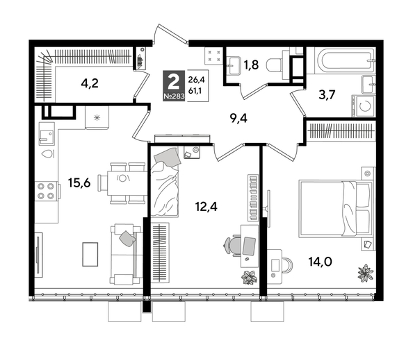 
  Продается 2-комн. квартира 61.1 м², в ЖК ДОГМА ПАРК, лит 20. Фото 1.