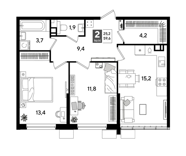 
  Продается 2-комн. квартира 59.6 м², в ЖК ДОГМА ПАРК, литера 18. Фото 1.