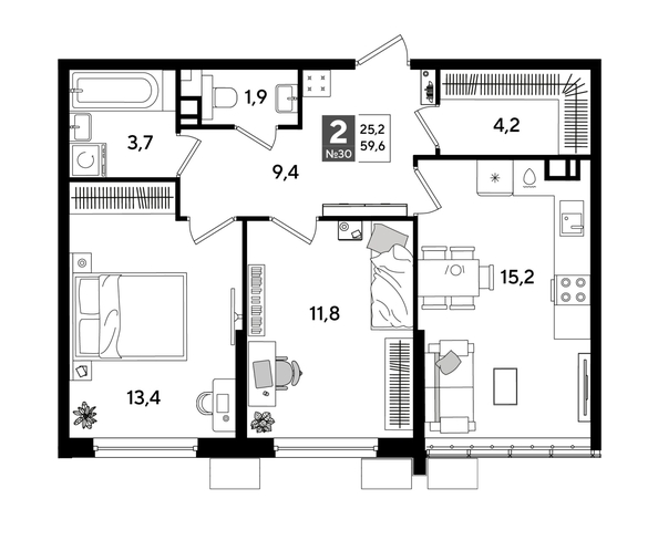 
  Продается 2-комн. квартира 59.6 м², в ЖК ДОГМА ПАРК, литера 18. Фото 1.