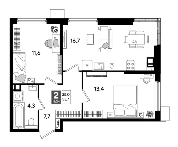 
  Продается 2-комн. квартира 53.7 м², в ЖК ДОГМА ПАРК, литера 18. Фото 1.
