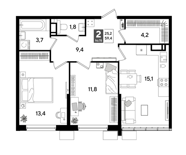 
  Продается 2-комн. квартира 59.4 м², в ЖК ДОГМА ПАРК, литера 18. Фото 1.