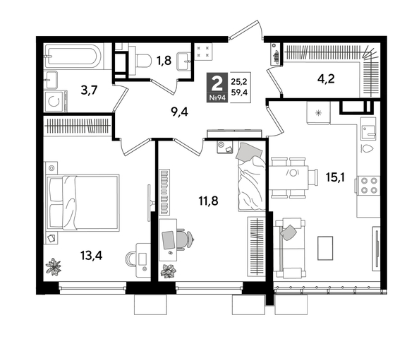 
  Продается 2-комн. квартира 59.4 м², в ЖК ДОГМА ПАРК, литера 18. Фото 1.
