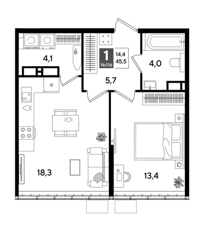 
  Продается 1-комн. квартира 45.5 м², в ЖК ДОГМА ПАРК, литера 18. Фото 1.