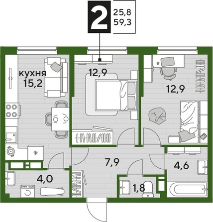 
  Продается 2-комн. квартира 59.3 м², в ЖК ДОГМА ПАРК, литера 18. Фото 1.