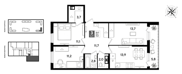 
  Продается 3-комн. квартира 75.9 м², в ЖК ДОГМА ПАРК, литера 21. Фото 1.