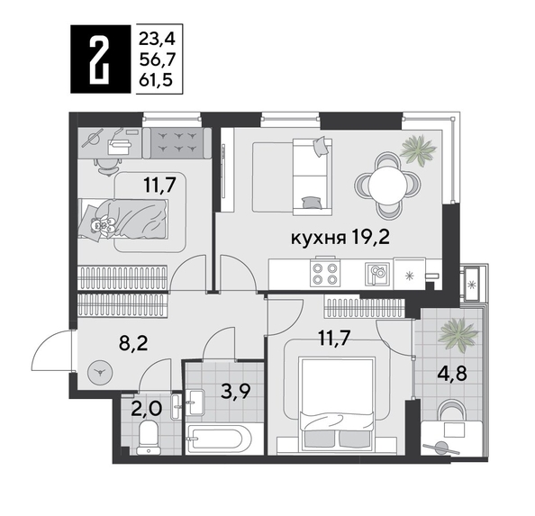 
  Продается 2-комн. квартира 61.5 м². Фото 1.