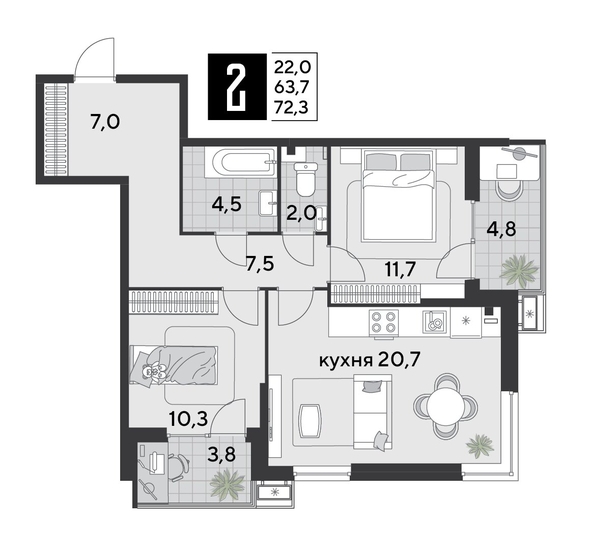 
  Продается 2-комн. квартира 74.1 м². Фото 1.