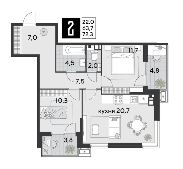 
  Продается 2-комн. квартира 72.7 м². Фото 1.
