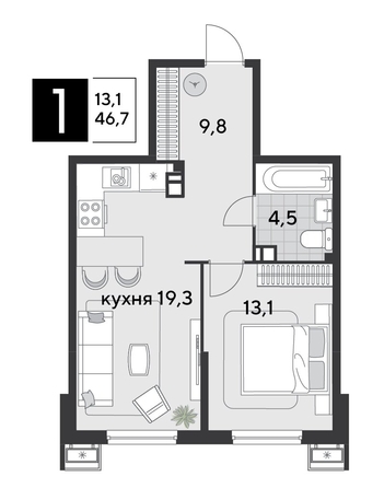
  Продается 1-комн. квартира 46.7 м². Фото 1.