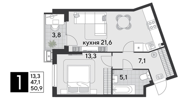 
  Продается 1-комн. квартира 51.1 м². Фото 1.